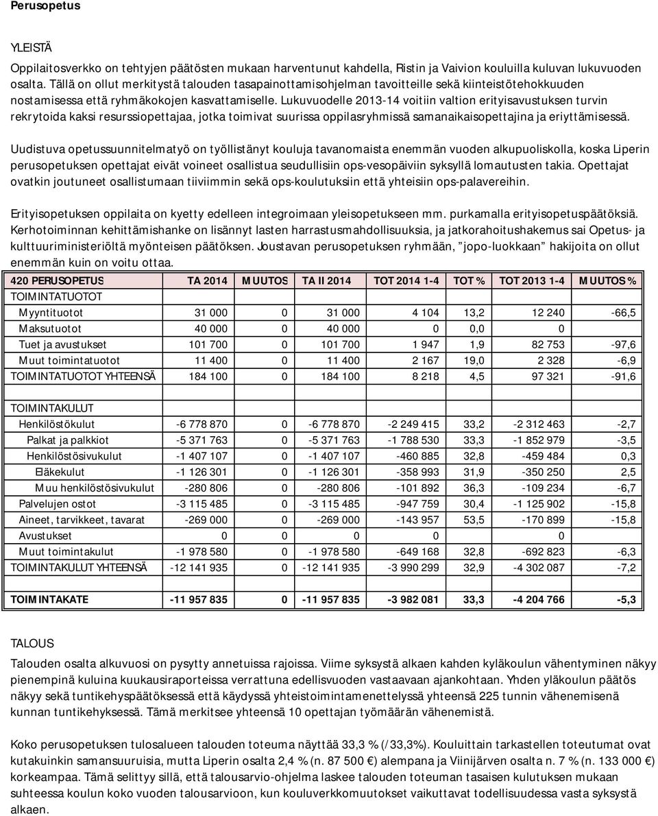 Lukuvuodelle 2013-14 voitiin valtion erityisavustuksen turvin rekrytoida kaksi resurssiopettajaa, jotka toimivat suurissa oppilasryhmissä samanaikaisopettajina ja eriyttämisessä.