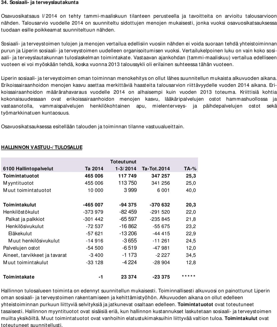 Sosiaali- ja terveystoimen tulojen ja menojen vertailua edellisiin vuosiin nähden ei voida suoraan tehdä yhteistoiminnan purun ja Liperin sosiaali- ja terveystoimen uudelleen organisoitumisen vuoksi.