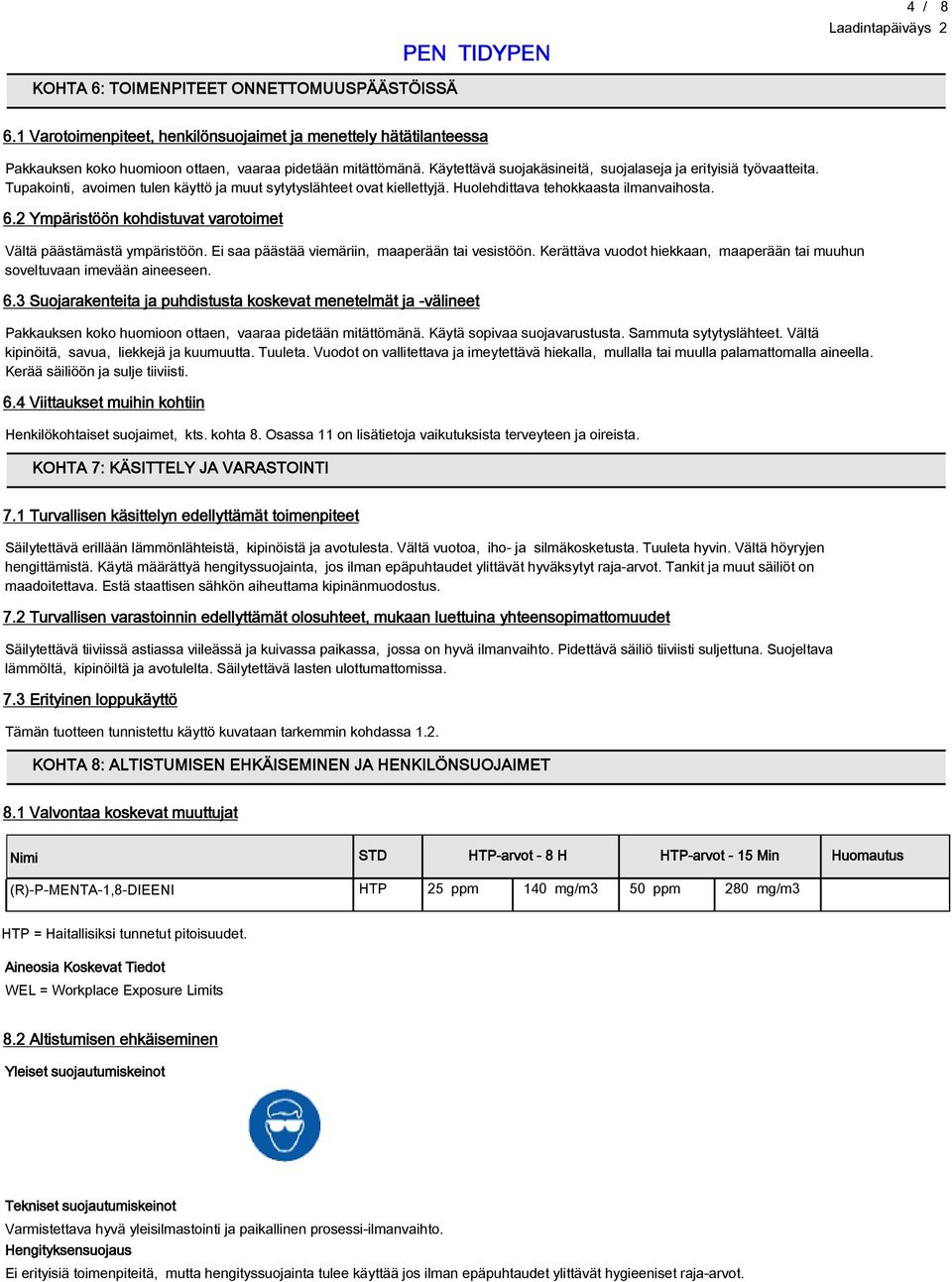 2 Ympäristöön kohdistuvat varotoimet Vältä päästämästä ympäristöön. Ei saa päästää viemäriin, maaperään tai vesistöön. Kerättäva vuodot hiekkaan, maaperään tai muuhun soveltuvaan imevään aineeseen. 6.