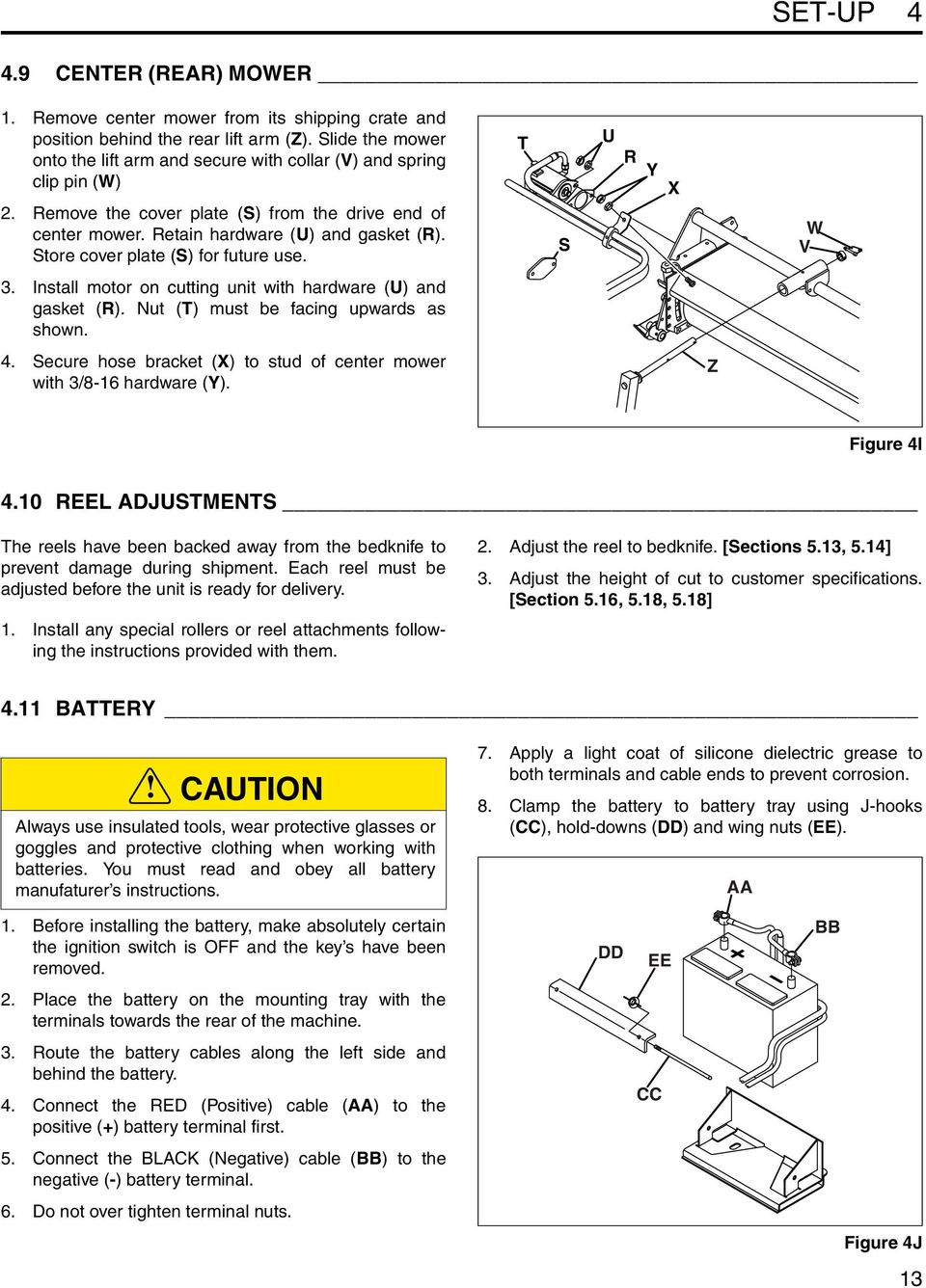 Store cover plate (S) for future use. T S U R Y X W V 3. Install motor on cutting unit with hardware (U) and gasket (R). Nut (T) must be facing upwards as shown. 4.