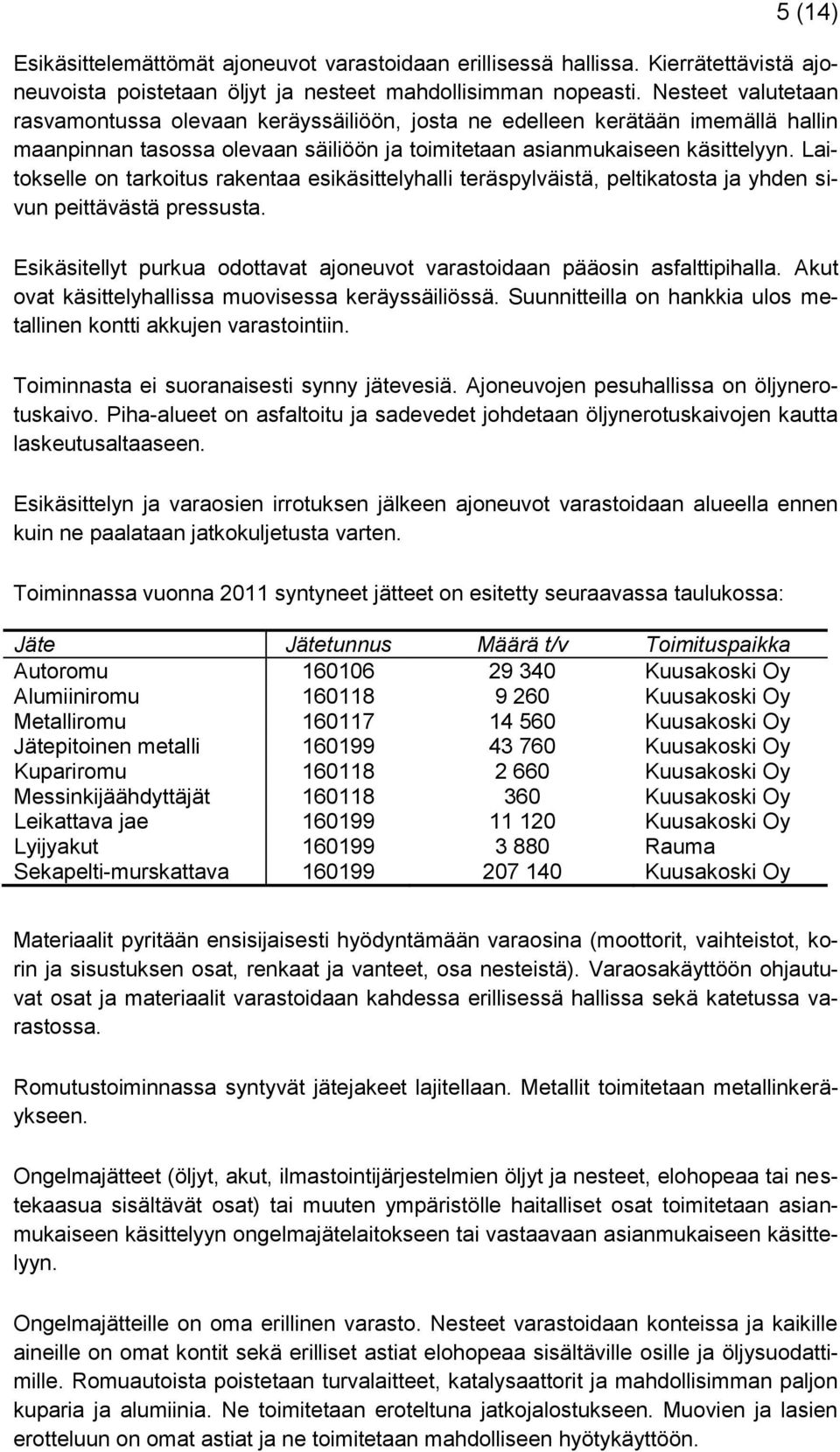 Laitokselle on tarkoitus rakentaa esikäsittelyhalli teräspylväistä, peltikatosta ja yhden sivun peittävästä pressusta. Esikäsitellyt purkua odottavat ajoneuvot varastoidaan pääosin asfalttipihalla.