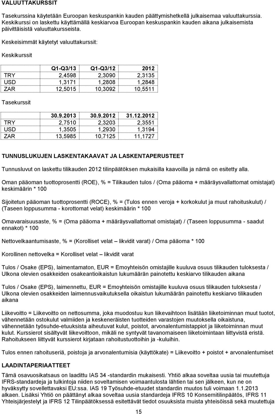 Keskeisimmät käytetyt valuuttakurssit: Keskikurssit Q1-Q3/13 Q1-Q3/12 