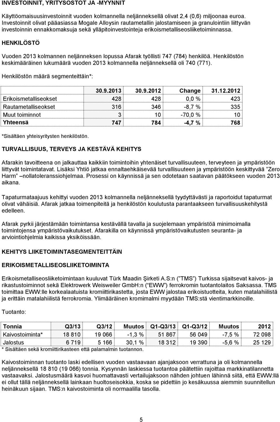 HENKILÖSTÖ Vuoden 2013 kolmannen neljänneksen lopussa Afarak työllisti 747 (784) henkilöä. Henkilöstön keskimääräinen lukumäärä vuoden 2013 kolmannella neljänneksellä oli 740 (771).