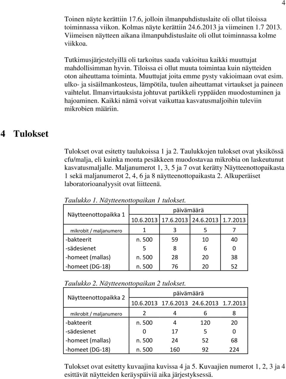 Tiloissa ei ollut muuta toimintaa kuin näytteiden oton aiheuttama toiminta. Muuttujat joita emme pysty vakioimaan ovat esim.