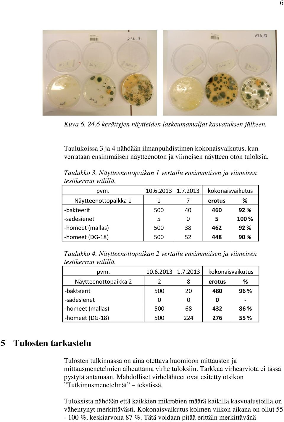 Näytteenottopaikan 1 vertailu ensimmäisen ja viimeisen testikerran välillä. pvm. 10.6.2013 1.7.