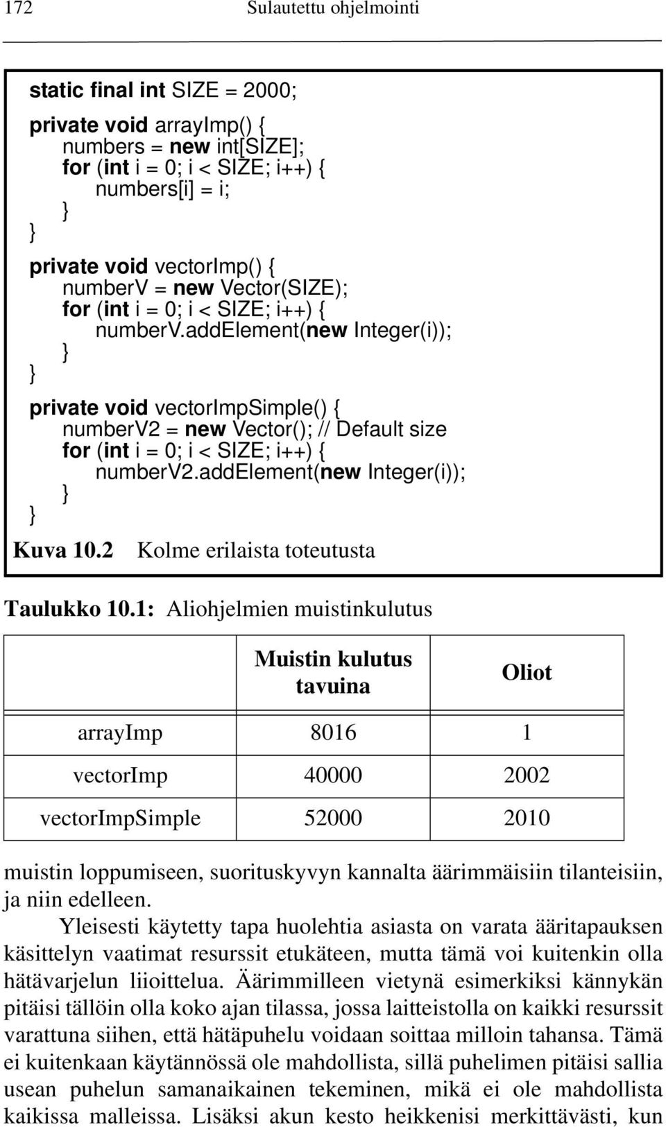 addelement(new Integer(i)); } } private void vectorimpsimple() { numberv2 = new Vector(); // Default size for (int i = 0; i < SIZE; i++) { numberv2.addelement(new Integer(i)); } } Kuva 10.