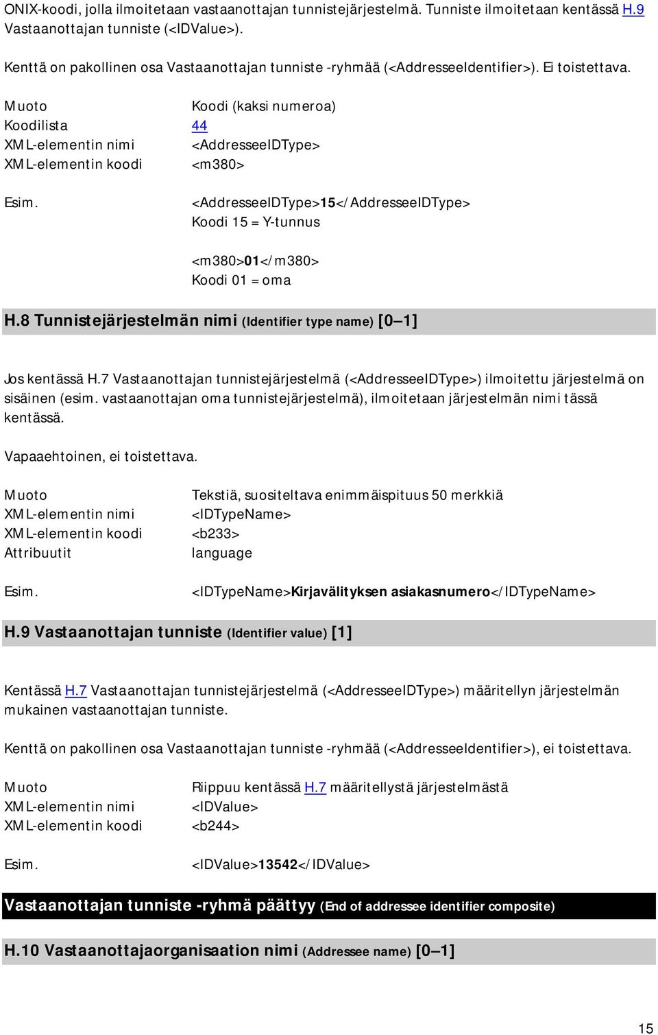 Koodi (kaksi numeroa) Koodilista 44 <AddresseeIDType> <m380> <AddresseeIDType>15</AddresseeIDType> Koodi 15 = Y-tunnus <m380>01</m380> Koodi 01 = oma H.