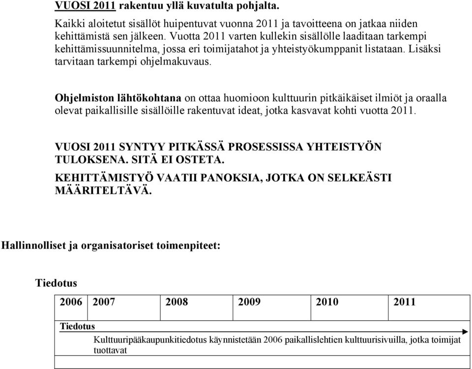 Ohjelmiston lähtökohtana on ottaa huomioon kulttuurin pitkäikäiset ilmiöt ja oraalla olevat paikallisille sisällöille rakentuvat ideat, jotka kasvavat kohti vuotta 2011.