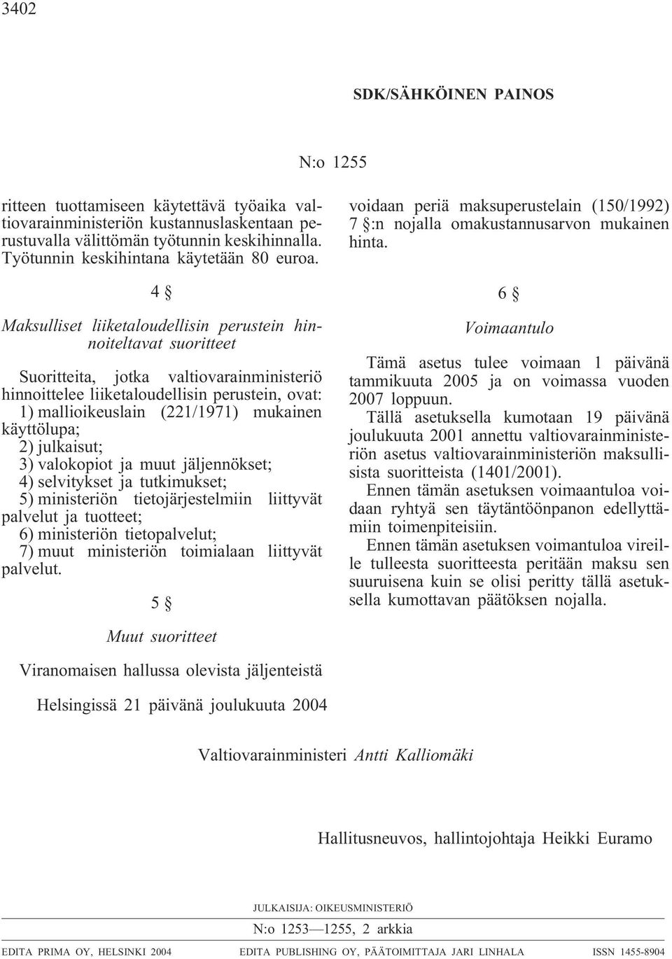 4 Maksulliset liiketaloudellisin perustein hinnoiteltavat suoritteet Suoritteita, jotka valtiovarainministeriö hinnoittelee liiketaloudellisin perustein, ovat: 1) mallioikeuslain (221/1971) mukainen