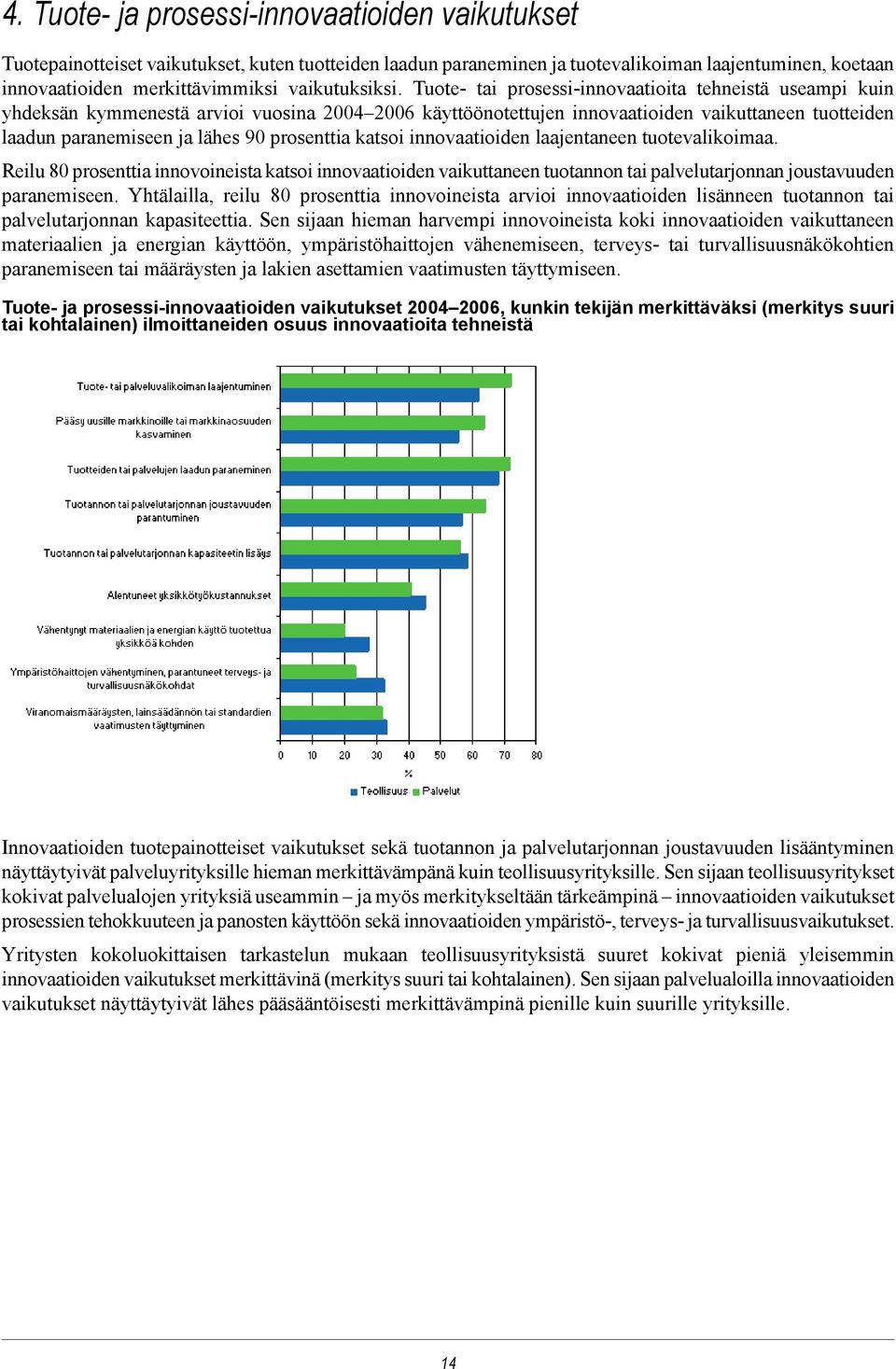 Tuote- tai prosessi-innovaatioita tehneistä useampi kuin yhdeksän kymmenestä arvioi vuosina 2004 2006 käyttöönotettujen innovaatioiden vaikuttaneen tuotteiden laadun paranemiseen ja lähes 90