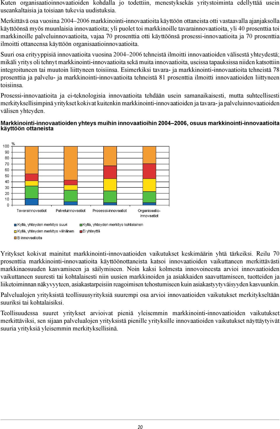 tavarainnovaatioita, yli 40 prosenttia toi markkinoille palveluinnovaatioita, vajaa 70 prosenttia otti käyttöönsä prosessi-innovaatioita ja 70 prosenttia ilmoitti ottaneensa käyttöön