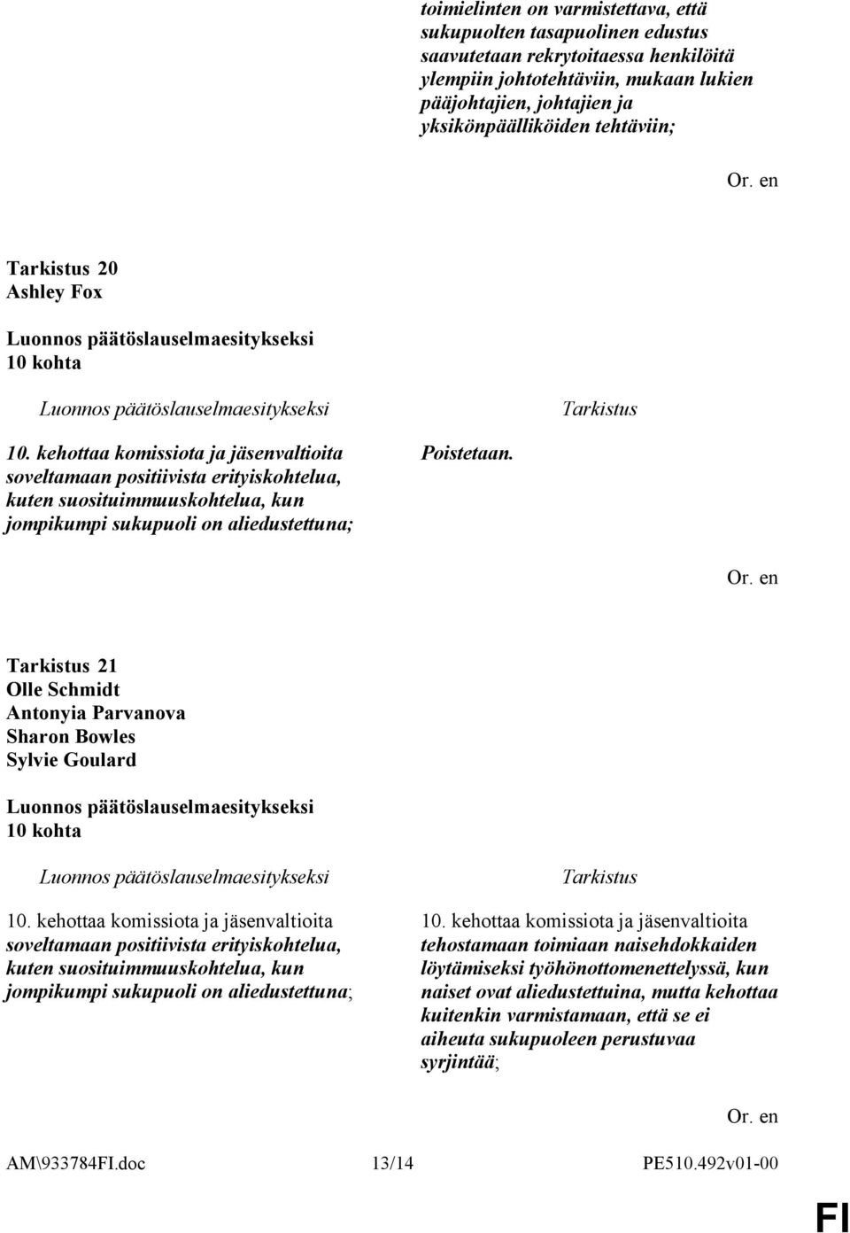 kehottaa komissiota ja jäsenvaltioita soveltamaan positiivista erityiskohtelua, kuten suosituimmuuskohtelua, kun jompikumpi sukupuoli on aliedustettuna; Poistetaan.