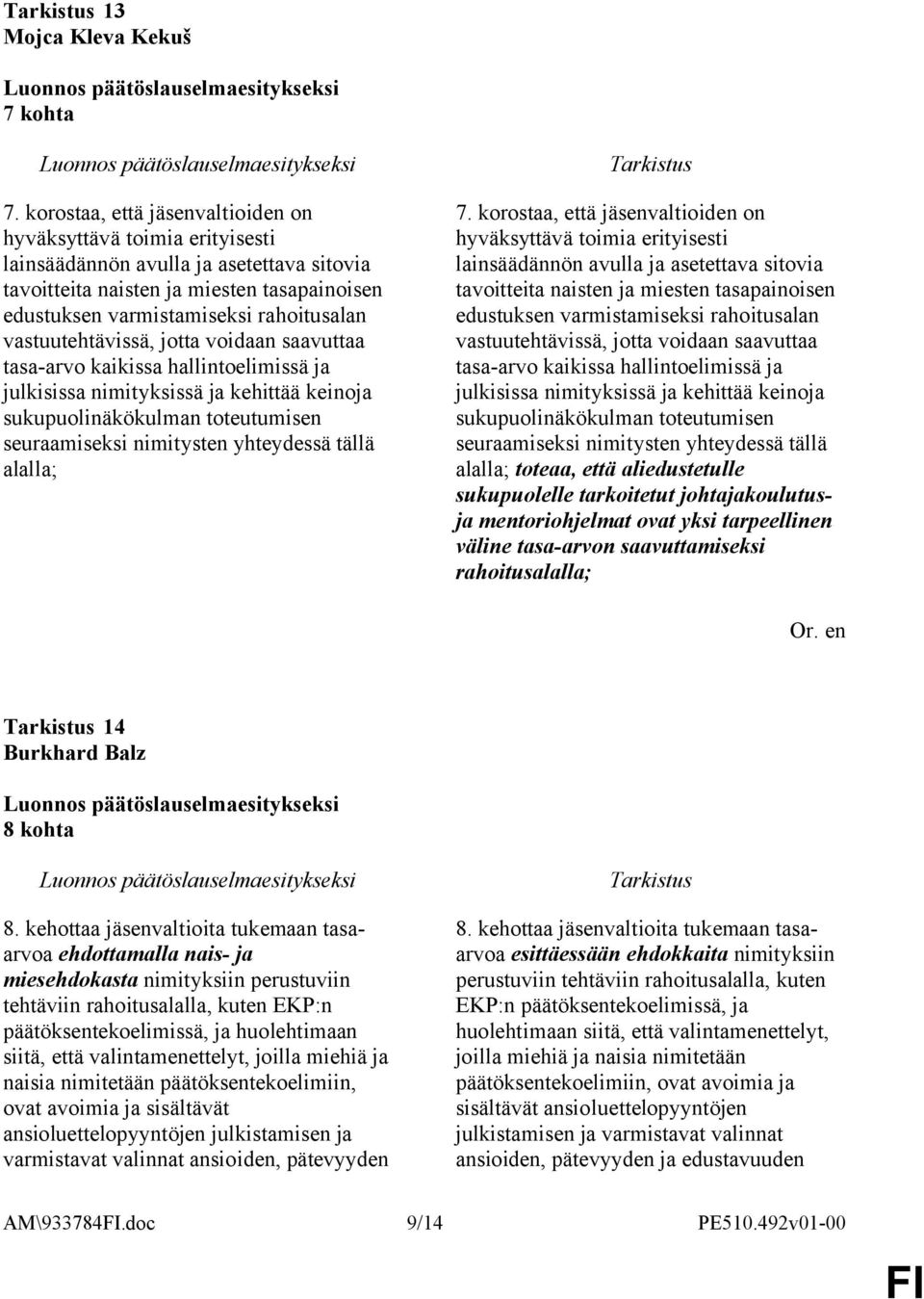 tasapainoisen edustuksen varmistamiseksi rahoitusalan vastuutehtävissä, jotta voidaan saavuttaa tasa-arvo kaikissa hallintoelimissä ja alalla; toteaa, että aliedustetulle sukupuolelle tarkoitetut