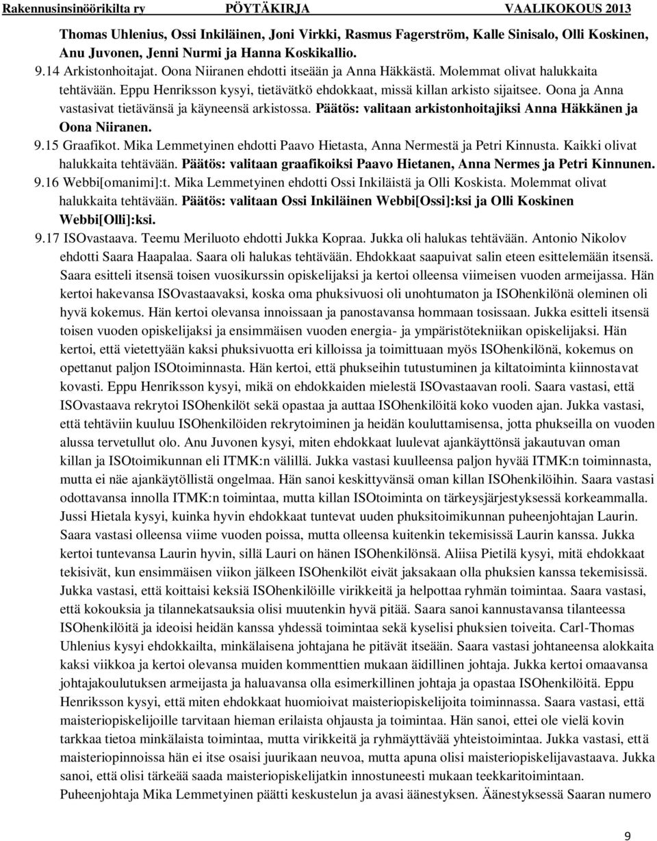 Oona ja Anna vastasivat tietävänsä ja käyneensä arkistossa. Päätös: valitaan arkistonhoitajiksi Anna Häkkänen ja Oona Niiranen. 9.15 Graafikot.