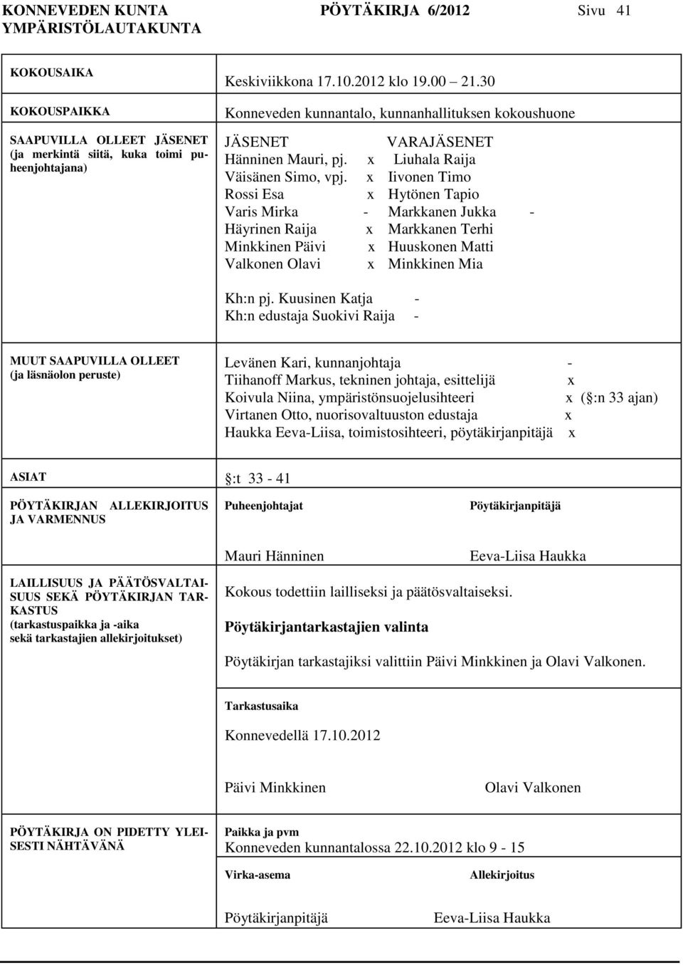 x Iivonen Timo Rossi Esa x Hytönen Tapio Varis Mirka - Markkanen Jukka - Häyrinen Raija x Markkanen Terhi Minkkinen Päivi x Huuskonen Matti Valkonen Olavi x Minkkinen Mia Kh:n pj.