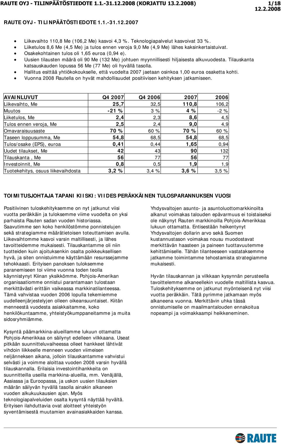 Uusien tilausten määrä oli 90 Me (132 Me) johtuen myynnillisesti hiljaisesta alkuvuodesta. Tilauskanta katsauskauden lopussa 56 Me (77 Me) oli hyvällä tasolla.