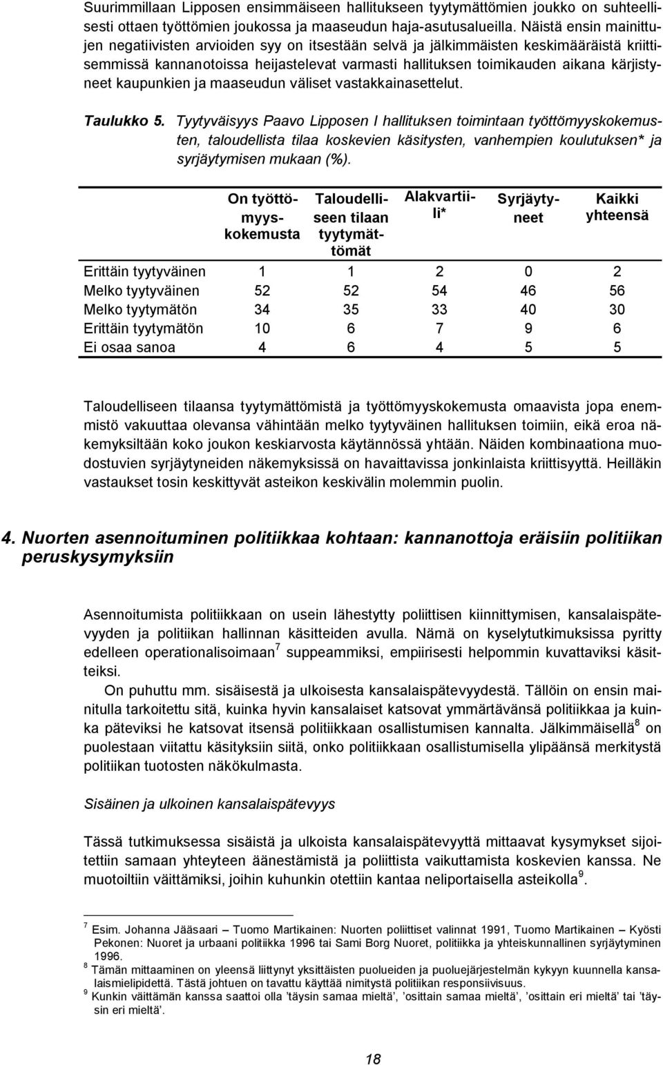 kärjistyneet kaupunkien ja maaseudun väliset vastakkainasettelut. Taulukko 5.