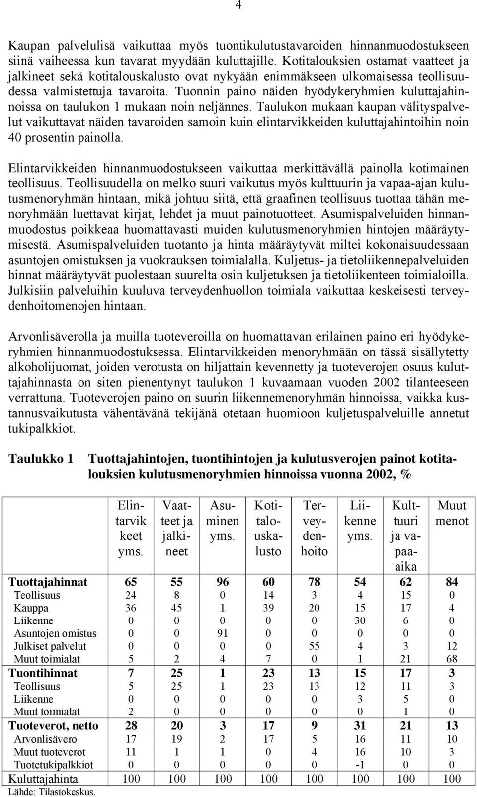 Tuonnin paino näiden hyödykeryhmien kuluttajahinnoissa on taulukon 1 mukaan noin neljännes.