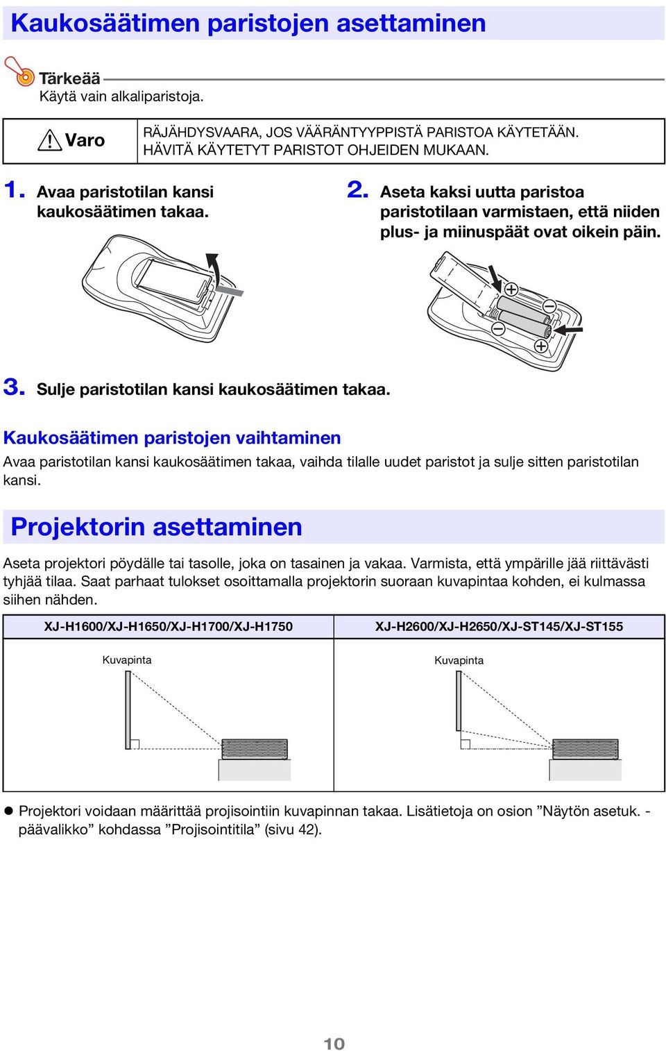 Kaukosäätimen paristojen vaihtaminen Avaa paristotilan kansi kaukosäätimen takaa, vaihda tilalle uudet paristot ja sulje sitten paristotilan kansi.