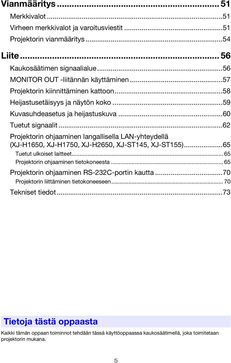 ..62 Projektorin ohjaaminen langallisella LAN-yhteydellä (XJ-H1650, XJ-H1750, XJ-H2650, XJ-ST145, XJ-ST155)...65 Tuetut ulkoiset laitteet... 65 Projektorin ohjaaminen tietokoneesta.