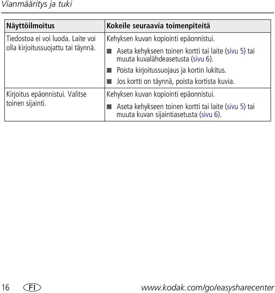 Aseta kehykseen toinen kortti tai laite (sivu 5) tai muuta kuvalähdeasetusta (sivu 6). Poista kirjoitussuojaus ja kortin lukitus.