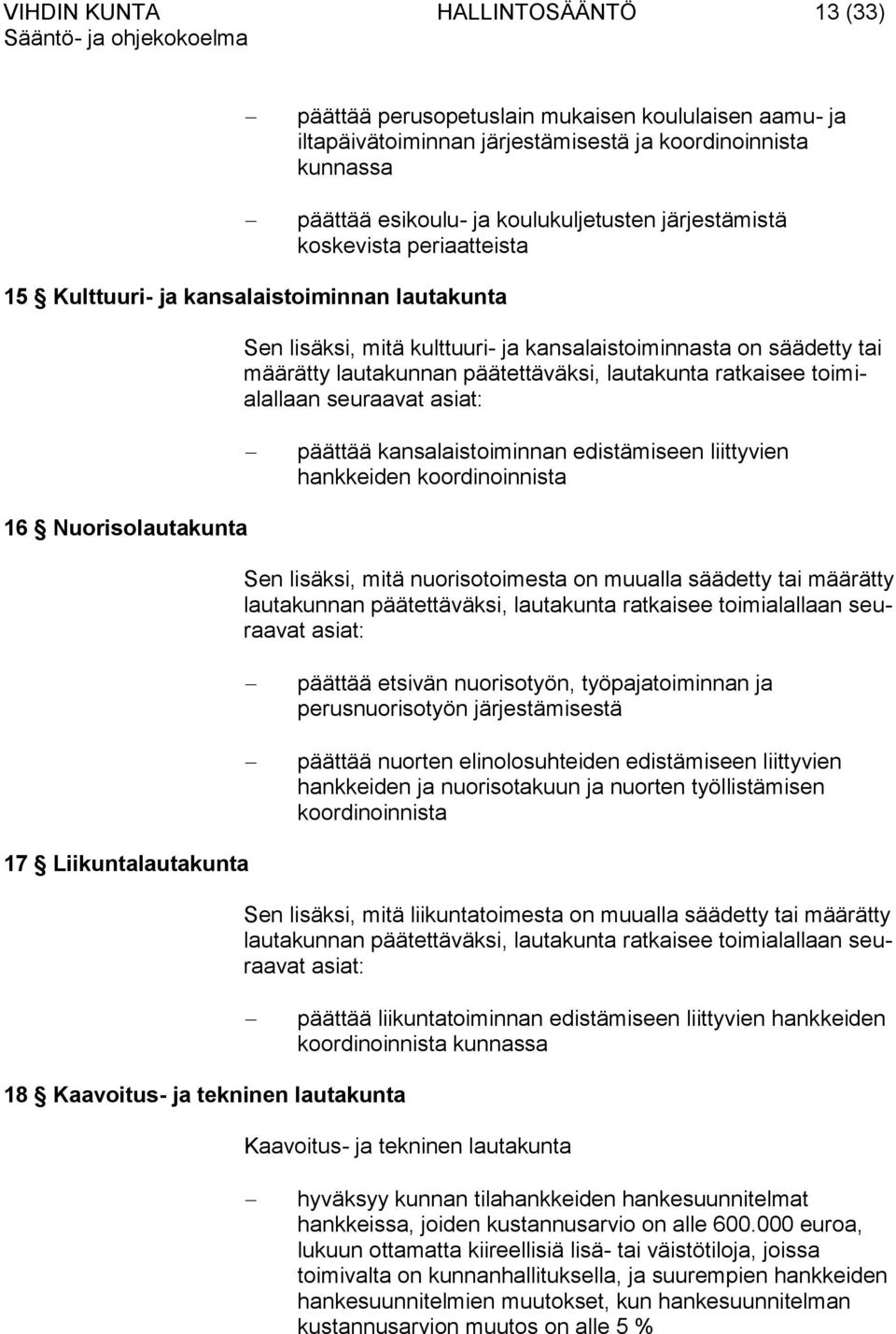 lautakunta ratkaisee toimialallaan seuraavat asiat: päättää kansalaistoiminnan edistämiseen liittyvien hankkeiden koordinoinnista 16 Nuorisolautakunta Sen lisäksi, mitä nuorisotoimesta on muualla