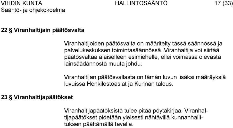 Viranhaltija voi siirtää päätösvaltaa alaiselleen esimiehelle, ellei voimassa olevasta lainsäädännöstä muuta johdu.