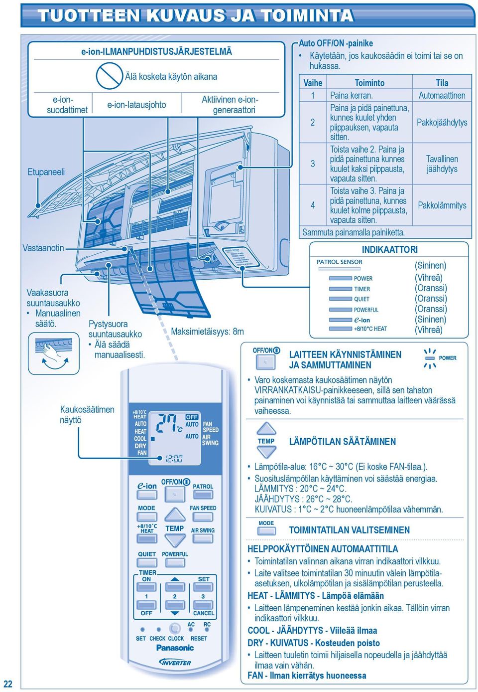 +8/10 C HEAT Aktiivinen e-iongeneraattori Maksimietäisyys: 8m Auto OFF/ON -painike Käytetään, jos kaukosäädin ei toimi tai se on hukassa. Vaihe Toiminto Tila 1 Paina kerran.