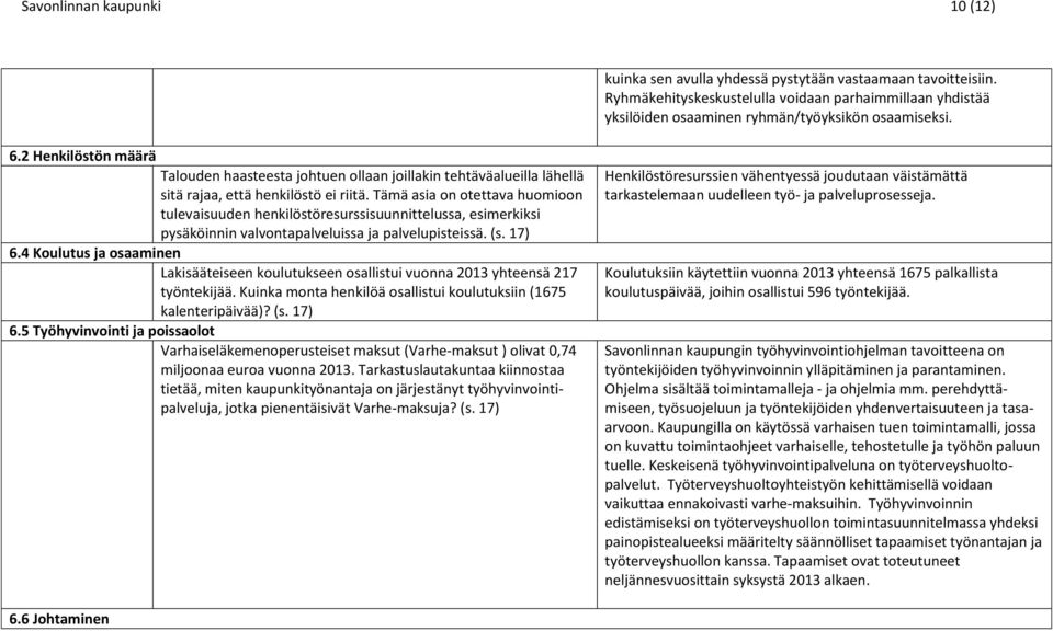 Tämä asia on otettava huomioon tulevaisuuden henkilöstöresurssisuunnittelussa, esimerkiksi pysäköinnin valvontapalveluissa ja palvelupisteissä. (s. 17) 6.