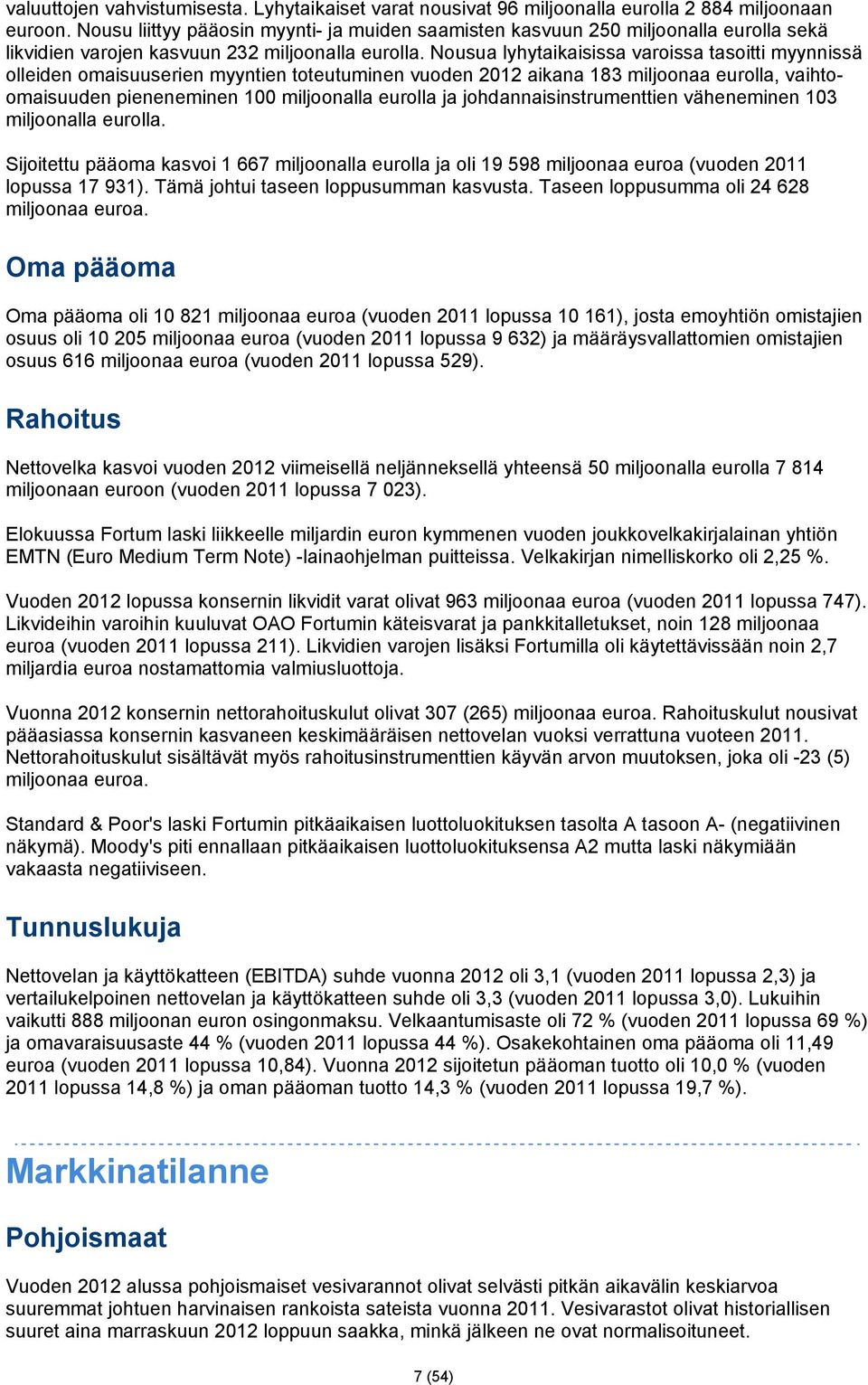 Nousua lyhytaikaisissa varoissa tasoitti myynnissä olleiden omaisuuserien myyntien toteutuminen vuoden 2012 aikana 183 miljoonaa eurolla, vaihtoomaisuuden pieneneminen 100 miljoonalla eurolla ja