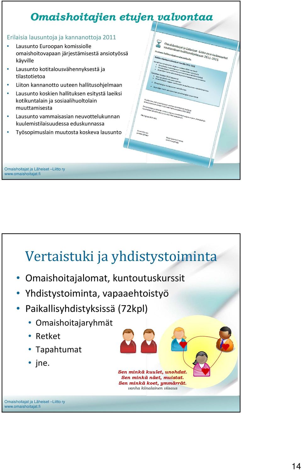 Lausunto vammaisasian neuvottelukunnan kuulemistilaisuudessa eduskunnassa Työsopimuslain muutosta koskeva lausunto Vertaistuki ja yhdistystoiminta Omaishoitajalomat, kuntoutuskurssit