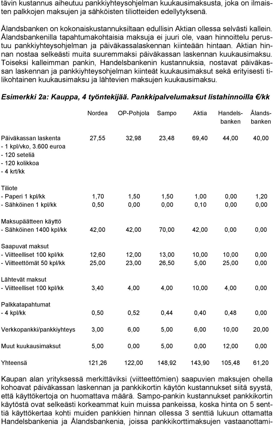 illa tapahtumakohtaisia maksuja ei juuri ole, vaan hinnoittelu perustuu pankkiyhteysohjelman ja päiväkassalaskennan kiinteään hintaan.