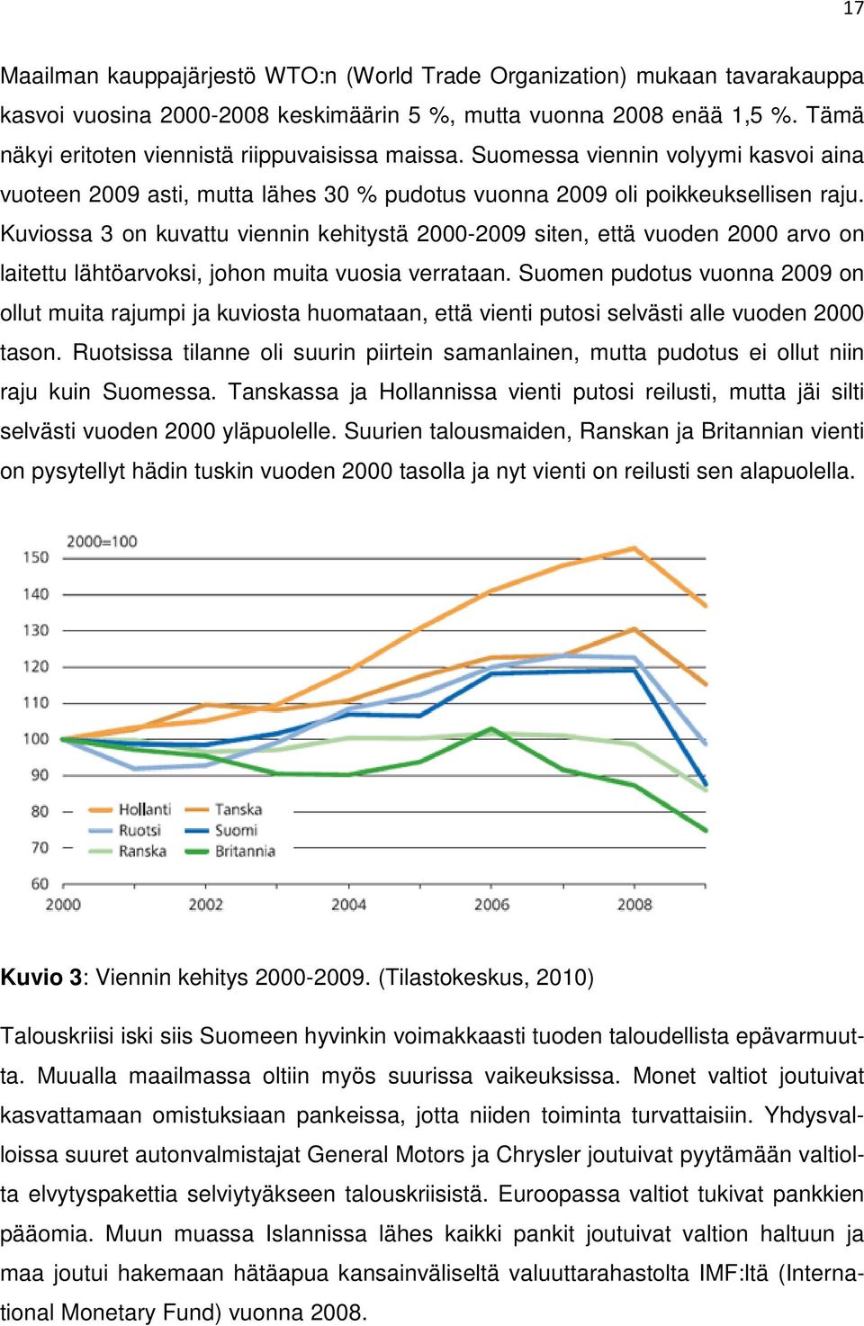 Kuviossa 3 on kuvattu viennin kehitystä 2000-2009 siten, että vuoden 2000 arvo on laitettu lähtöarvoksi, johon muita vuosia verrataan.