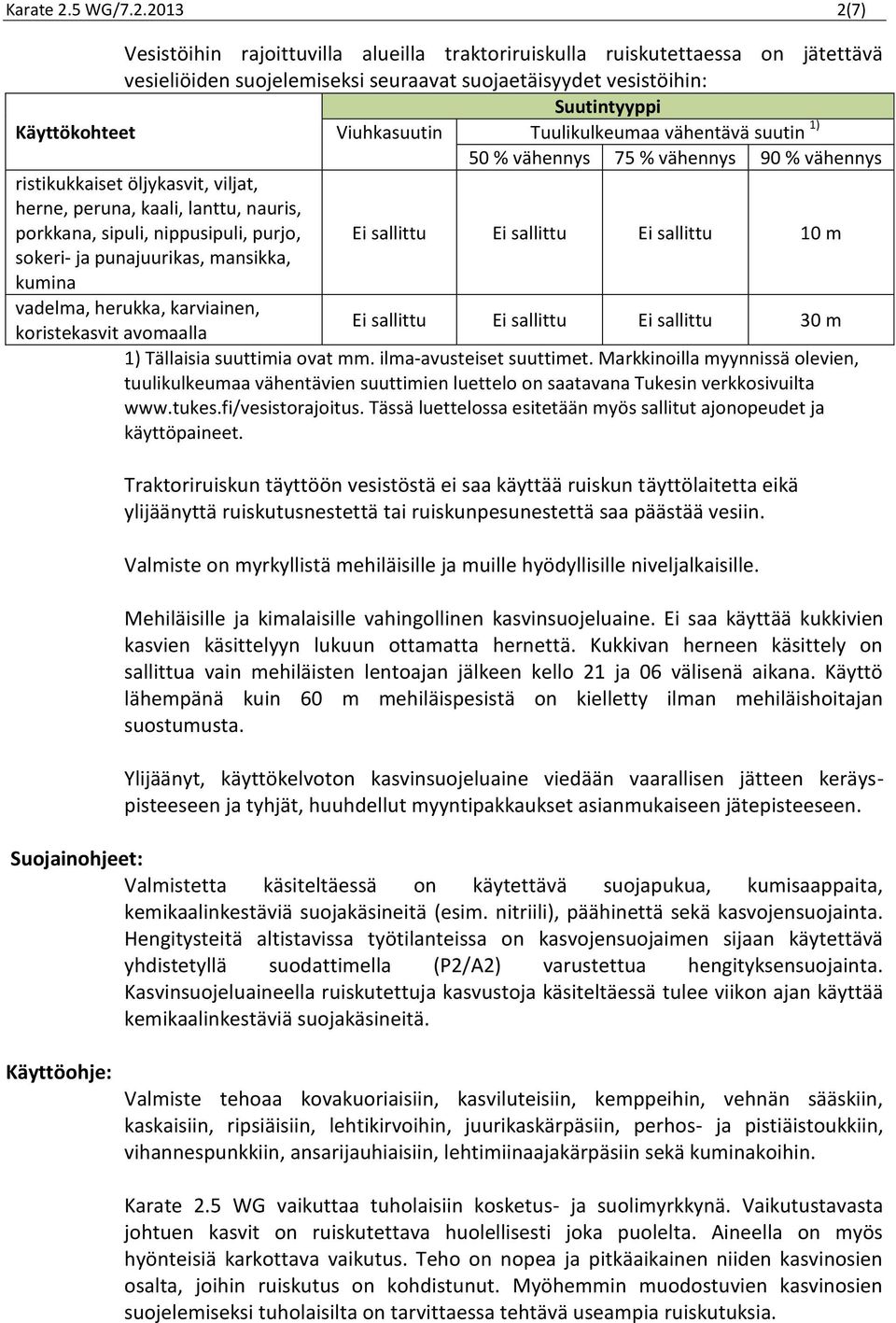 2013 2(7) Vesistöihin rajoittuvilla alueilla traktoriruiskulla ruiskutettaessa on jätettävä vesieliöiden suojelemiseksi seuraavat suojaetäisyydet vesistöihin: Suutintyyppi Käyttökohteet Viuhkasuutin