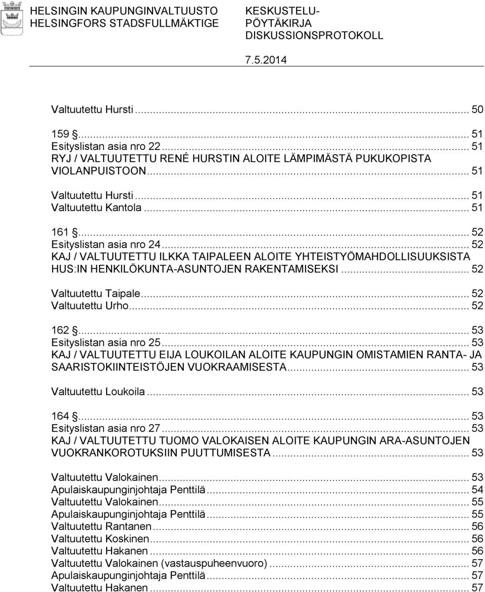 .. 52 KAJ / VALTUUTETTU ILKKA TAIPALEEN ALOITE YHTEISTYÖMAHDOLLISUUKSISTA HUS:IN HENKILÖKUNTA-ASUNTOJEN RAKENTAMISEKSI... 52 Valtuutettu Taipale... 52 Valtuutettu Urho... 52 162.