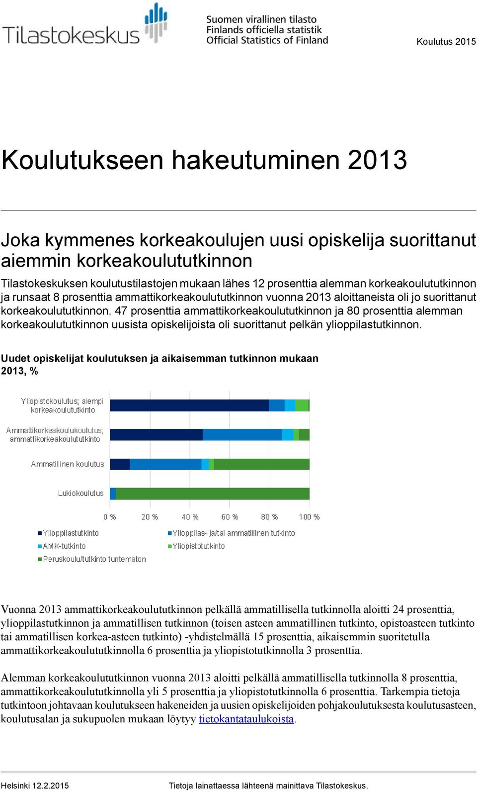 47 prosenttia ammattikorkeakoulututkinnon ja 80 prosenttia alemman korkeakoulututkinnon uusista opiskelijoista oli suorittanut pelkän ylioppilastutkinnon.