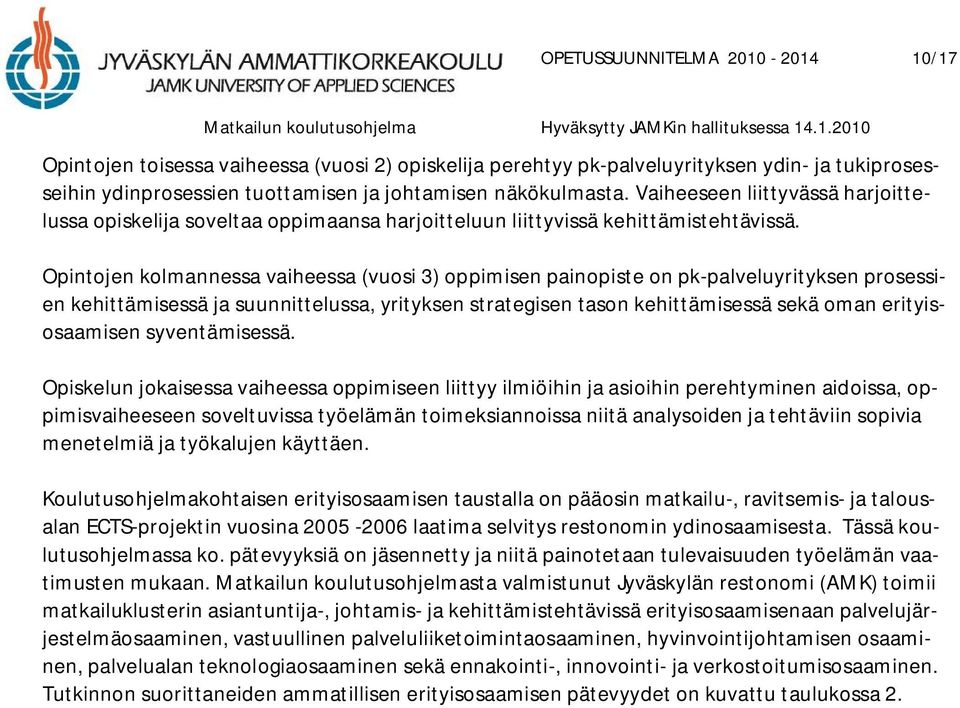 Opintojen kolmannessa vaiheessa (vuosi 3) oppimisen painopiste on pk-palveluyrityksen prosessien kehittämisessä ja suunnittelussa, yrityksen strategisen tason kehittämisessä sekä oman