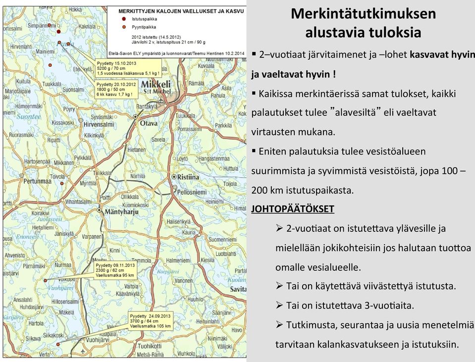 Eniten palautuksia tulee vesistöalueen suurimmista ja syvimmistä vesistöistä, jopa 100 200 km istutuspaikasta.