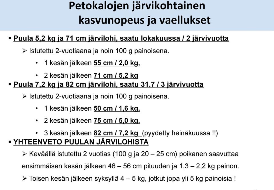 1 kesän jälkeen 50 cm / 1,6 kg, 2 kesän jälkeen 75 cm / 5,0 kg, 3 kesän jälkeen 82 cm / 7,2 kg (pyydetty heinäkuussa!