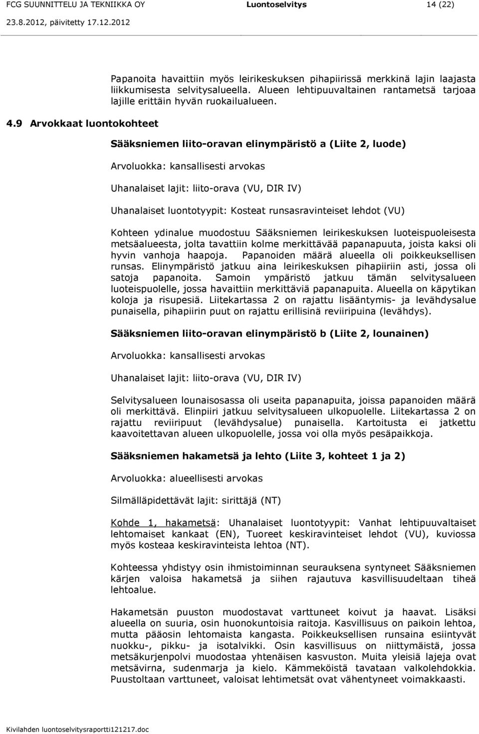 Sääksniemen liito-oravan elinympäristö a (Liite 2, luode) Arvoluokka: kansallisesti arvokas Uhanalaiset lajit: liito-orava (VU, DIR IV) Uhanalaiset luontotyypit: Kosteat runsasravinteiset lehdot (VU)