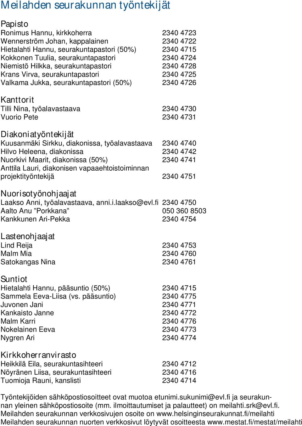 2340 4730 Vuorio Pete 2340 4731 Diakoniatyöntekijät Kuusanmäki Sirkku, diakonissa, työalavastaava 2340 4740 Hilvo Heleena, diakonissa 2340 4742 Nuorkivi Maarit, diakonissa (50%) 2340 4741 Anttila