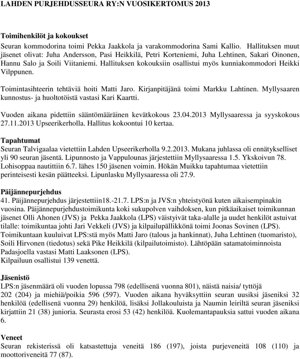 Hallituksen kokouksiin osallistui myös kunniakommodori Heikki Vilppunen. Toimintasihteerin tehtäviä hoiti Matti Jaro. Kirjanpitäjänä toimi Markku Lahtinen.