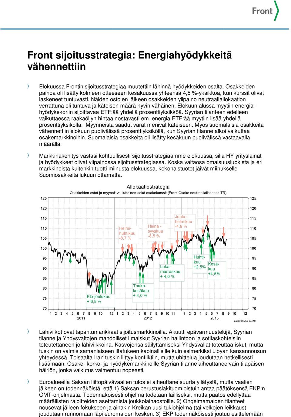 Näiden ostojen jälkeen osakkeiden ylipaino neutraaliallokaation verrattuna oli tuntuva ja käteisen määrä hyvin vähäinen.