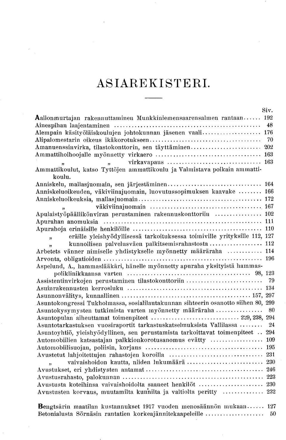 Amanuenssin virka, tilastokonttorin, sen täyttäminen 202 Ammattiholhoojalle myönnetty virkaero 163 virkavapaus 163 Ammattikoulut, katso Tyttöjen ammattikoulu ja Valmistava poikain ammattikoulu.