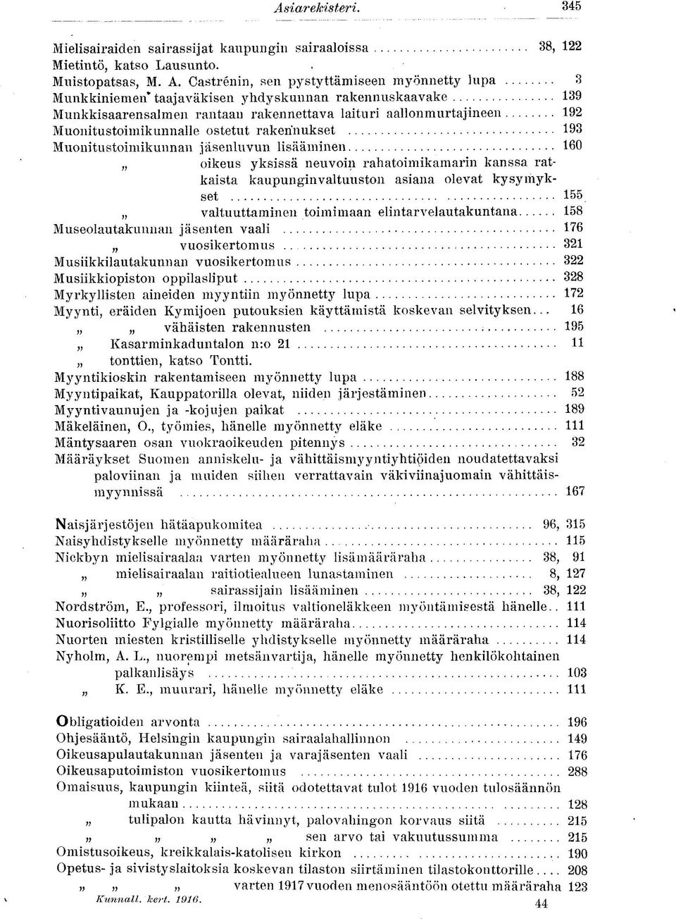 ostetut rakennukset 193 Muonitustoimikunnan jäsenluvun lisääminen 160 oikeus yksissä neuvoin rahatoimikamarin kanssa ratkaista kaupunginvaltuuston asiana olevat kysymykset 155 valtuuttaminen