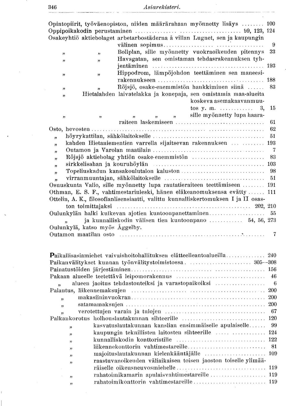 sopimus 9 Bollplan, sille myönnetty vuokraoikeuden pitennys 33 Havsgatan, sen omistaman tehdasrakennuksen tyhjentäminen 193 Hippodrom, lämpöjohdon teettäminen sen maneesirakennukseen 188 Röjsjö,