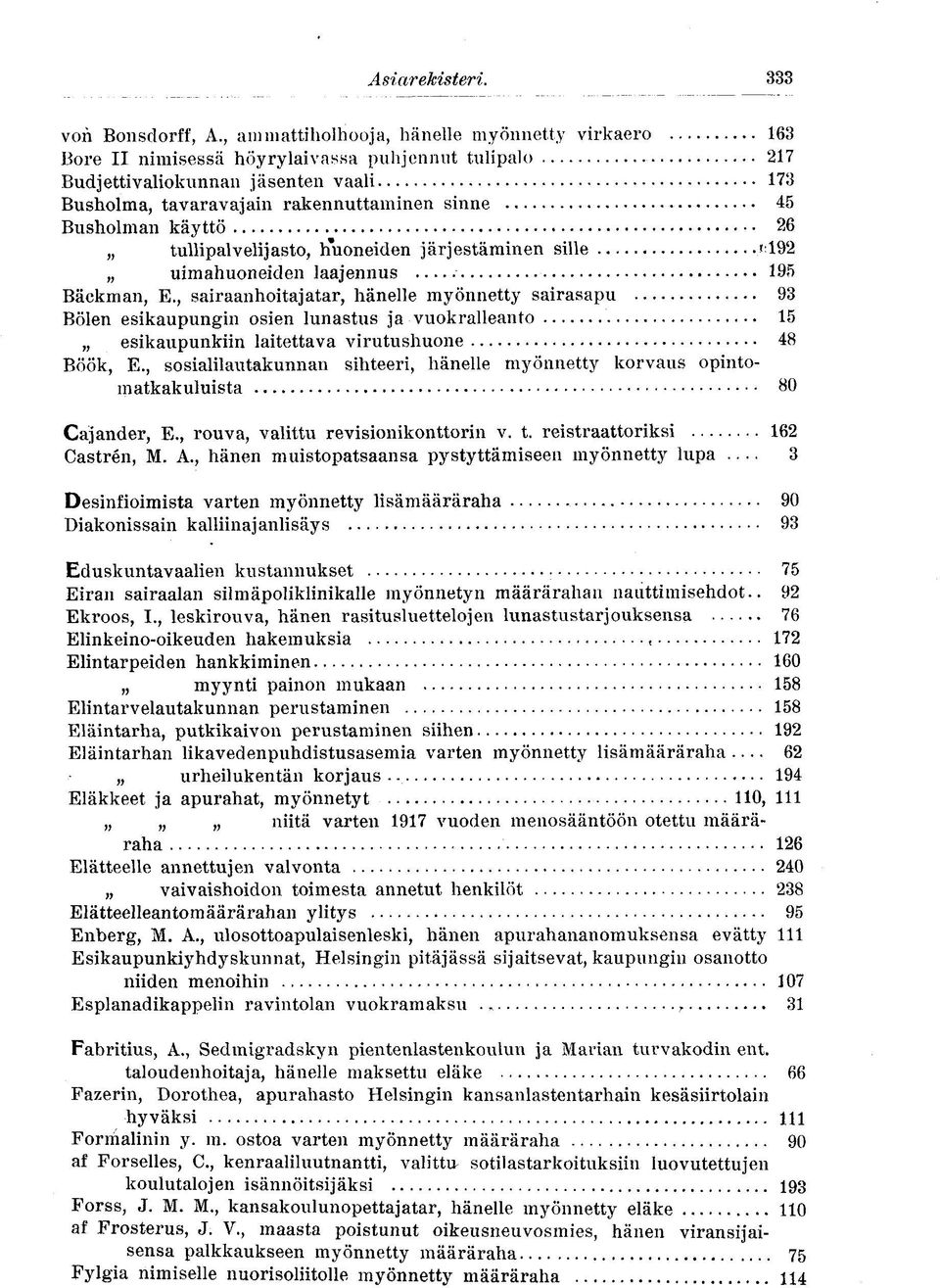 Busholman käyttö 26 tullipalvelijasto, huoneiden järjestäminen sille «192 uimahuoneiden laajennus 195 Bäckman, E.