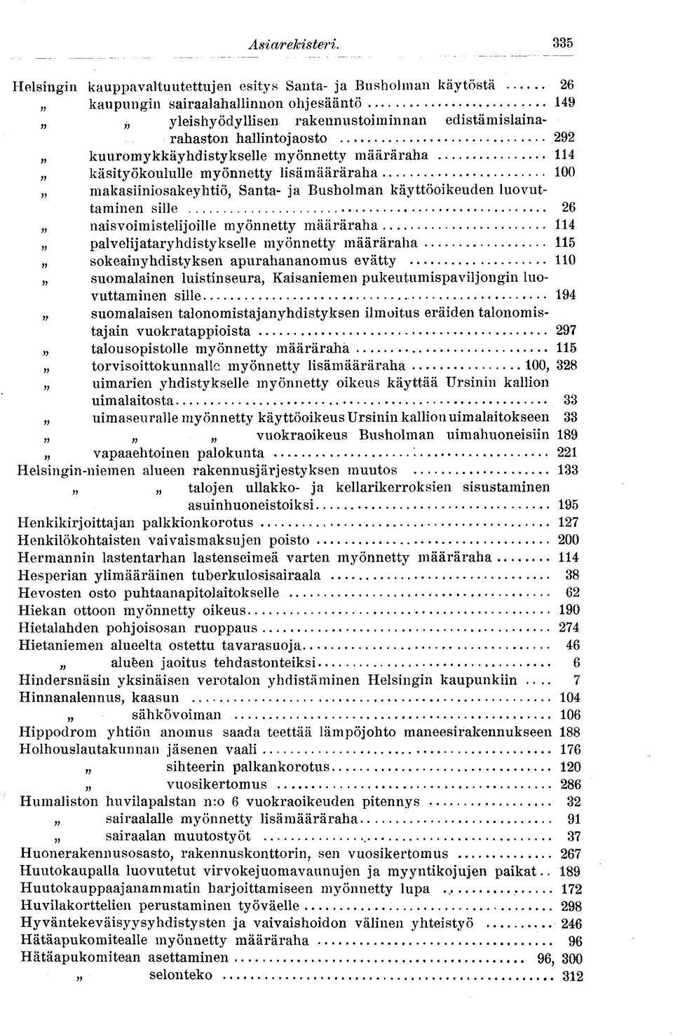 kuuromykkäyhdistykselle myönnetty määräraha 114 käsityökoululle myönnetty lisämääräraha 100 makasiiniosakeyhtiö, Santa- ja Busholman käyttöoikeuden luovuttaminen sille 26 naisvoimistelijoille