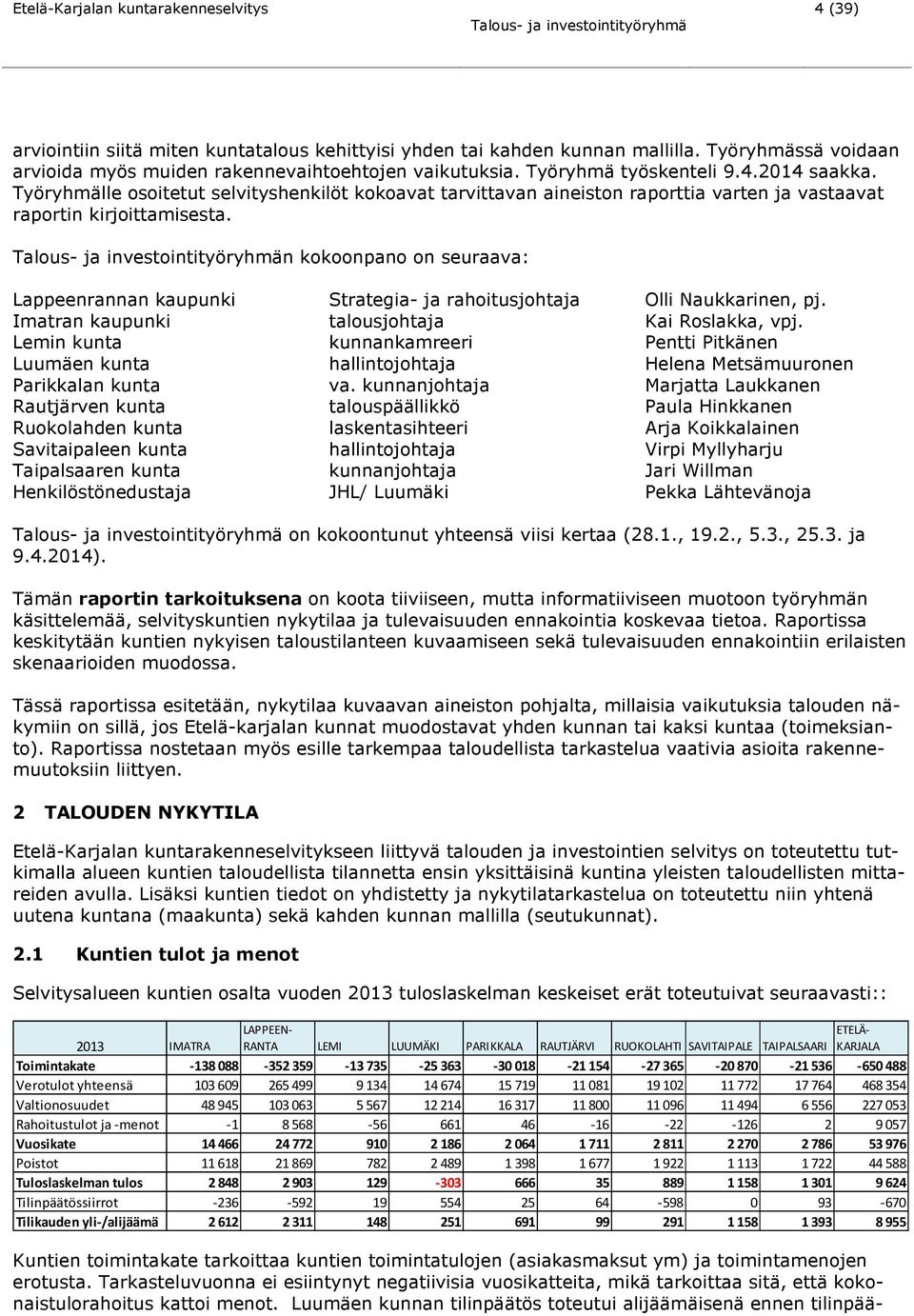 n kokoonpano on seuraava: Lappeenrannan kaupunki Strategia- ja rahoitusjohtaja Olli Naukkarinen, pj. Imatran kaupunki talousjohtaja Kai Roslakka, vpj.