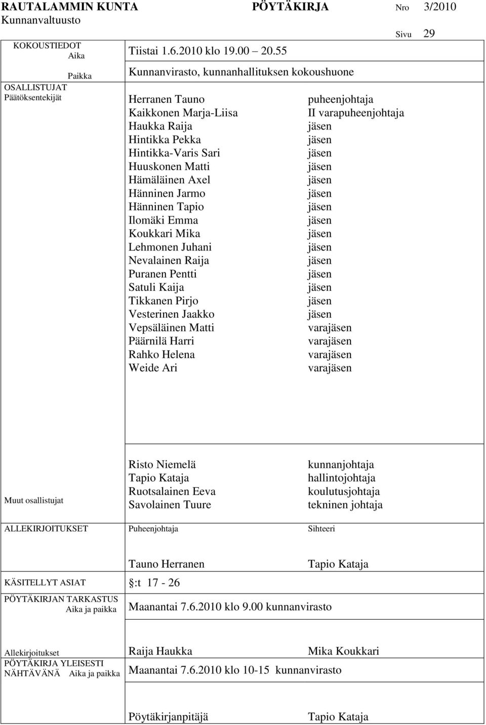 Ilomäki Emma Koukkari Mika Lehmonen Juhani Nevalainen Raija Puranen Pentti Satuli Kaija Tikkanen Pirjo Vesterinen Jaakko Vepsäläinen Matti Päärnilä Harri Rahko Helena Weide Ari puheenjohtaja II